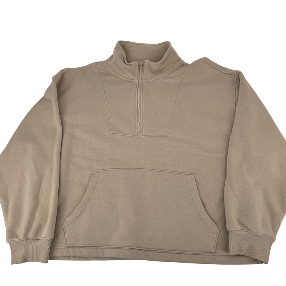 Old Navy Quarter Zip Sweatshirt Women XL Tan Fleece Kangaroo Pocket Relaxed Mock